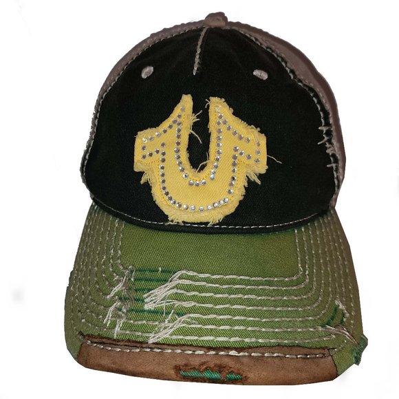True Religion Rare Vintage Distressed Horseshoe Embellished Strap Back Hat